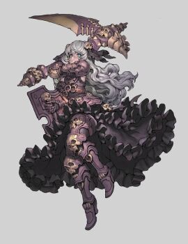 1girl armor blue_eyes commentary dress english_commentary expressionless floating frills gauntlets greaves hair_ornament high_heels long_hair looking_at_viewer nrcgray original scythe shield simple_background skeleton skull skull_hair_ornament white_hair