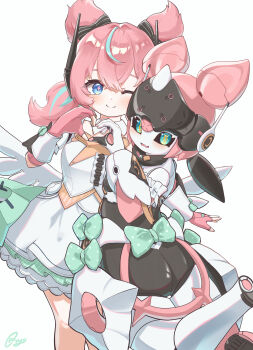 Rule 34 | 1girl, absurdres, aria (human) (zenless zone zero), aria (robot) (zenless zone zero), aria (zenless zone zero), ass, blue eyes, blush, bow, commentary, dress, dual persona, fingerless gloves, gloves, green bow, green eyes, highres, humanoid robot, looking at viewer, multicolored hair, omu (omu2627), open mouth, pink hair, pink pupils, robot, robot girl, simple background, smile, streaked hair, untranslatable commentary, white background, white dress, wings, zenless zone zero