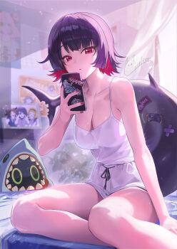 1girl absurdres bangboo_(zenless_zone_zero) bedroom black_hair breasts camisole cleavage colored_inner_hair commentary_request ellen_joe fins fish_tail ginlear highres holding holding_phone indoors large_breasts light_particles looking_at_viewer mole mole_under_eye multicolored_hair on_bed parted_lips phone red_eyes red_hair red_nails shark_girl shark_tail sharkboo_(zenless_zone_zero) shorts sitting solo tail white_camisole white_shorts yokozuwari zenless_zone_zero