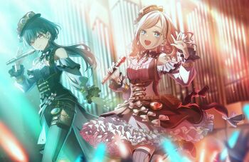 2girls :d bare_shoulders black_bow black_bowtie black_hairband black_hat black_ribbon black_shoes blue_eyes bow bowtie breasts center_frills ceras_yanagida_lilienfeld closed_mouth clothing_cutout earrings edel_note foot_out_of_frame frilled_shirt frilled_skirt frilled_sleeves frills game_cg glowstick goggles goggles_on_headwear grey_hair grey_pants grey_shirt grey_thighhighs hair_intakes hair_ornament hairband hand_up hat hat_belt highres holding holding_microphone in-universe_location indoors jewelry katsuragi_izumi large_breasts link!_like!_love_live! long_hair long_sleeves looking_at_viewer love_live! medium_breasts microphone miniskirt multiple_girls neck_ribbon non-web_source official_alternate_costume official_art open_mouth orange_eyes pants penlight_(glowstick) pinstripe_thighhighs pouch retrofuture_(love_live!) ribbon shirt shoes shoulder_cutout sidelocks skirt slit_pupils smile stage steampunk swept_bangs teeth thigh_pouch thighhighs triangle_hair_ornament underbust upper_teeth_only virtual_youtuber wavy_hair