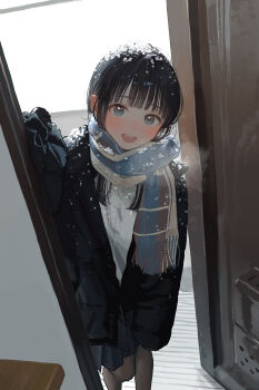 1girl :d akipeko black_coat black_hair black_pantyhose blue_eyes blue_scarf blunt_bangs coat commentary_request door highres medium_hair open_mouth original pantyhose scarf smile snow solo teeth upper_teeth_only