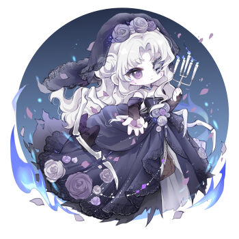 1girl absurdres bare_shoulders beads black_bridal_gauntlets black_veil blue_background blue_dress blue_fire border bow bridal_gauntlets bridal_veil bride brown_pantyhose candle candlestand chibi chinese_commentary commentary_request dot_nose dress dress_bow dress_flower embers expressionless eyelashes facial_tattoo fire floating_clothes flower flower_tattoo hair_bun highres holding holding_candle infinity_nikki jewelry light_blush long_dress long_hair long_sidelocks looking_at_viewer nameless_selfless_(infinity_nikki) necklace nikki_(series) nuli_de_chengzhi_er off-shoulder_dress off_shoulder offering_hand one_eye_covered outside_border pale_skin pantyhose parted_bangs parted_lips petals purple_bow purple_eyes purple_ribbon ribbon rose rose_petals round_border short_sleeves sidelocks single_side_bun solo tattoo tsurime veil very_long_hair wavy_hair wedding_dress white_border white_flower white_hair white_rose