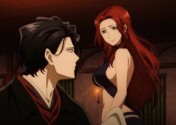 Rule 34 | 1boy, 1girl, anime screenshot, black kimono, breasts, dazai osamu (isekai shikkaku), esche (isekai shikkaku), green eyes, highres, isekai shikkaku, japanese clothes, kimono, large breasts, long hair, looking at another, navel, red hair, revealing clothes, sideboob, sidelocks, stitched, stomach, third-party edit