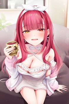 1girl :d alcohol blurry blurry_background bow_hairband braid braided_bangs breasts center-flap_bangs cleavage commentary_request couch criss-cross_halter cup dokuro-kun_(houshou_marine) dress fanged_bangs frilled_dress frills hairband halterneck heterochromia highres holding holding_cup hololive houshou_marine houshou_marine_(roomwear) indoors jacket large_breasts long_hair looking_at_viewer loungewear nagura_shiro off-shoulder_dress off_shoulder official_alternate_costume official_alternate_hairstyle on_couch open_mouth red_eyes red_hair short_dress sitting smile solo virtual_youtuber white_dress white_hairband white_jacket wine yellow_eyes