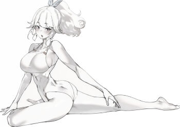 1girl ass bad_id bad_twitter_id bare_arms bare_legs bare_shoulders barefoot blush breasts cleavage collarbone earrings feather_earrings feathers greyscale highleg highleg_leotard highres hololive hololive_english jewelry large_breasts leotard looking_at_viewer maro2ki3 monochrome official_alternate_costume open_mouth ponytail sideboob sidelocks simple_background sketch solo stretching takanashi_kiara takanashi_kiara_(fever_night) virtual_youtuber white_background