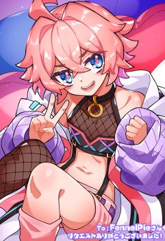 1boy absurdres ahoge blue_eyes fig_sorbet fuji_tarawi hair_between_eyes highres indie_virtual_youtuber jacket long_sleeves midriff navel open_clothes open_jacket open_mouth pillow pink_hair pink_pupils pink_shorts puffy_long_sleeves puffy_sleeves second-party_source short_hair shorts smile solo suspenders trap virtual_youtuber