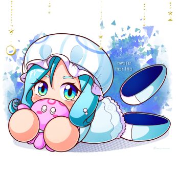 1girl aqua_eyes aqua_hair aqua_hat aqua_pajamas awase_marina blue_eyes character_name commentary_request curly_ends gradient_eyes hair_between_eyes hat highres holding holding_stuffed_toy jikkyou_powerful_pro_yakyuu jikkyou_powerful_pro_yakyuu_(style) looking_at_viewer lying multicolored_eyes no_mouth official_style on_stomach pajamas parmesan_(zan_parmesanne) pearl_hair_ornament power_pro_appli rayman_limbs solo stuffed_animal stuffed_toy twitter_username yellow_eyes