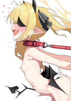 1girl arched_back bdsm black_ribbon blindfold blonde_hair blue_archive blush collar commentary_request demon_girl demon_tail flat_chest hair_ribbon halo happy_sex heart highres ibuki_(blue_archive) implied_sex leash loli long_hair motion_lines nipples open_mouth pointy_ears red_collar ribbon simple_background slave solo tail teruisi white_background yellow_halo