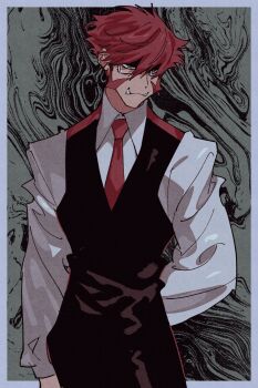 1boy black_pants black_vest border closed_mouth collared_shirt commentary_request cowboy_shot facial_hair glasses grey_border grey_eyes haaa_om007ls hair_between_eyes highres kekkai_sensen klaus_von_reinhertz korean_commentary long_sleeves looking_ahead male_focus mutton_chops necktie outside_border pants rectangular_eyewear red_hair red_necktie shirt short_hair solo standing teeth tusks vest white_shirt wing_collar