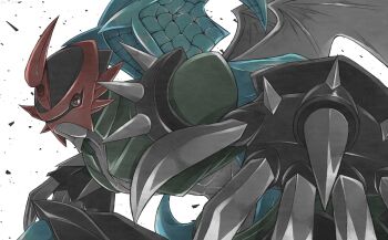 Rule 34 | armor, blue wings, commentary request, digimon, digimon (creature), dragon, green armor, helmet, highres, multiple wings, paildramon, red eyes, red helmet, shoulder spikes, simple background, spikes, white background, white wings, wings, ya yay