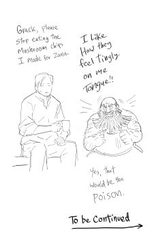 2boys absurdres bb_(baalbuddy) beard cup dwarf english_text facial_hair grack_(dark_elf_stepsister) highres holding holding_cup monochrome multiple_boys poison sitting sweatdrop to_be_continued tunic white_background willford_diccard