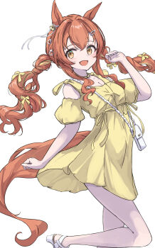 1girl :d absurdres animal_ears bag blush bow breasts choker commentary cowboy_shot dress ear_bell hair_bow hair_ornament hand_up heart heart_hair_ornament high_heels highres horse_ears horse_girl horse_tail long_hair looking_at_viewer mayano_top_gun_(umamusume) multiple_hair_bows nazmocha open_mouth orange_eyes orange_hair orange_tail shoes short_sleeves shoulder_bag simple_background small_breasts smile solo tail thighs two_side_up umamusume white_background white_bag white_shoes yellow_background yellow_bow yellow_choker yellow_dress