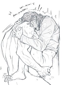 2boys anal baldur's_gate baldur's_gate_3 beard bottomless carrying carrying_person crying drooling dungeons_&amp;_dragons eliza_fox english_text faceless faceless_male facial_hair gale_(baldur's_gate) grabbing_another's_ass groping hands_on_another's_back highres lifting_person male_focus medium_hair monochrome motion_lines multiple_boys nude open_mouth out-of-frame_censoring robe sex simple_background sketch standing standing_sex toe_scrunch wavy_hair white_background yaoi