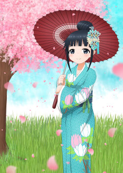 1girl absurdres black_eyes black_hair cherry_blossoms closed_mouth cloud collarbone day dot_nose falling_petals female_focus flower hair_ornament highres holding holding_umbrella ishigakiseiya japanese_clothes kimono kunoichi_tsubaki_no_mune_no_uchi long_sleeves looking_at_viewer mokuren_(kunoichi_tsubaki_no_mune_no_uchi) outdoors petals sky solo standing tree umbrella