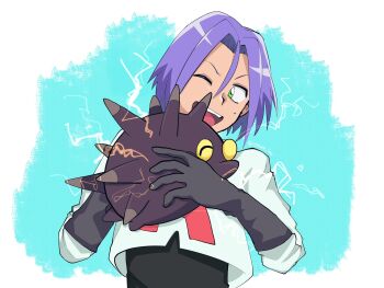 Rule 34 | 1boy, black gloves, blue background, blue hair, gen 8 pokemon, glomp, gloves, green eyes, happy, highres, hug, james (pokemon), kotsume hagi, nintendo, one eye closed, pincurchin, pokemon, pokemon (anime), pokemon (creature), team rocket, team rocket uniform, worried