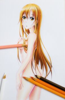 1girl absurdres adjusting_hair alternate_hairstyle arm_at_side armpits ass asuna_(sao) back barefoot breasts brown_eyes censored_nipples collarbone completely_nude convenient_censoring female_focus fingernails from_behind hair_down highres legs long_hair looking_at_viewer medium_breasts neck nude orange_hair pencil reference_work sad shiny_skin sideboob sidelocks simple_background sketch standing sword_art_online thighs traditional_media turning_head unworn_clothes white_background yandereraptor