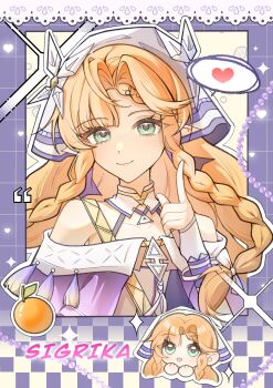 Rule 34 | 1girl, aqua eyes, bare shoulders, beads, braid, braided sidelocks, character name, chibi, chibi inset, chinese commentary, collarbone, commentary request, commission, fingerless gloves, food, fruit, gloves, hand up, heart, hezzzzz, highres, index finger raised, lace, long hair, looking at viewer, multiple braids, off-shoulder jacket, off shoulder, orange (fruit), orange hair, pointy ears, polaroid photo, portrait, sigrika (wuthering waves), smile, solo, sparkle, speech bubble, veil, white gloves, white veil, wuthering waves