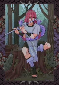 1girl artist_name bandages black_sandals brown_eyes commentary english_commentary film_grain flute forest grey_shirt highres holding holding_flute holding_instrument instrument long_hair moona_may music naruto_(classic) naruto_(series) nature ninja on_tree_stump pelvic_curtain playing_instrument red_hair sandals shirt sitting smile solo tayuya_(naruto) tree_stump watermark wind yin_yang