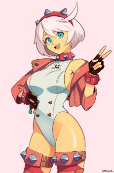 1girl absurdres ahoge artist_name blue_eyes bob_cut bracelet breasts collar collarbone elphelt_valentine fingerless_gloves gloves grey_hair guilty_gear guilty_gear_strive hair_between_eyes hairband highleg highleg_leotard highres jacket jewelry leotard looking_at_viewer medium_breasts open_clothes open_jacket open_mouth short_hair simple_background smgold smile solo spiked_bracelet spiked_collar spiked_hairband spiked_thighlet spikes teeth thighs upper_teeth_only v white_leotard