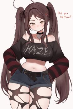 1girl ahoge anger_vein belt black_belt black_choker breasts brown_eyes brown_hair choker english_text hands_on_own_hips heart heart-shaped_lock heart_ahoge heart_choker highres large_breasts long_hair midriff navel off-shoulder_shirt off_shoulder original pantyhose pout shirt short_shorts shorts sky_above_me sky_above_me_(vtuber) solo stretched_shirt torn_clothes torn_pantyhose twintails white_background