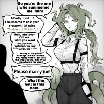 1girl black_pants breasts chest_harness choker collared_shirt colored_skin commentary english_commentary green_hair harness highres horizontal_pupils oligogi_meoggosipda pants shirt tentacle_hair tentacles white_shirt white_skin yellow_eyes