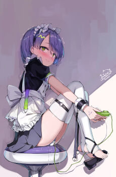 1girl apron black_dress blush closed_mouth controller dress feet frilled_apron frills from_side full_body green_eyes hair_ornament highres knees_up liclac looking_at_viewer maid maid_apron maid_headdress no_shoes object_insertion original panties puffy_short_sleeves puffy_sleeves purple_hair pussy_juice remote_control_vibrator sex_toy short_hair short_sleeves signature sitting solo stirrup_legwear stool tears thighhighs toeless_legwear toes trembling underwear vaginal vibrator vibrator_cord vibrator_under_clothes vibrator_under_panties white_apron white_thighhighs wrist_cuffs