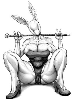 1girl absurdres ass breasts bubble_head_nurse cameltoe collarbone covered_erect_nipples covered_eyes covered_navel curvy double_deck faceless faceless_female full_body gloves happy_new_year highleg highleg_leotard highres holding holding_staff huge_ass large_breasts leotard looking_at_viewer m_legs monochrome monster_girl new_year nurse_(silent_hill) playboy_bunny rabbit_ears silent_hill silent_hill_(series) silent_hill_2 sitting solo spread_legs staff strapless strapless_leotard thick_thighs thighs veins veiny_breasts what white_gloves wide_hips