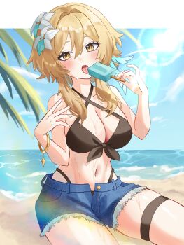 1girl beach bikini black_bikini blonde_hair blue_sky bracelet breasts cleavage commentary_request cutoffs denim denim_shorts feather_hair_ornament feathers flower food genshin_impact hair_flower hair_ornament highres holding holding_food holding_popsicle ikurumidwd jewelry large_breasts lens_flare light_blush looking_at_viewer lumine_(genshin_impact) navel open_fly open_mouth popsicle short_hair_with_long_locks short_shorts shorts sidelocks sitting sky solo swimsuit thigh_strap tongue tongue_out yellow_eyes