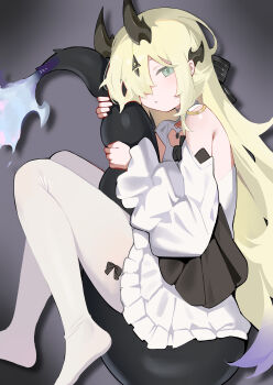 1girl absurdres aged_down arknights bare_shoulders black_bow blonde_hair bow dragon_girl dragon_horns dragon_tail dress from_above green_eyes hair_bow hair_over_one_eye hei_tudou highres holding_own_tail horns long_hair looking_at_viewer lying necrass_(arknights) necrass_(young)_(arknights) on_side pantyhose solo tail very_long_hair white_dress white_pantyhose