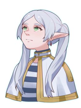 1girl capelet closed_mouth commentary cropped_torso earrings elf english_commentary frieren green_eyes highres jewelry long_hair looking_up meme muhi_kou parted_bangs pointy_ears shirt simple_background solo sousou_no_frieren striped_clothes striped_shirt teardrop_earrings twintails upper_body upward_angle_frieren_drawing_(meme) white_background white_capelet