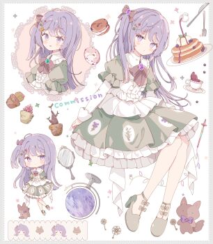 1girl absurdres blush bow bowtie brown_bow brown_bowtie center_frills chibi closed_mouth collared_shirt commentary_request food footwear_bow fork frilled_skirt frills full_body green_bow green_shoes green_skirt hair_bow highres knife layered_sleeves long_hair long_sleeves looking_at_viewer multiple_views one_side_up open_mouth original pancake pancake_stack parted_lips pleated_skirt purple_eyes purple_hair shirt shoes short_over_long_sleeves short_sleeves skirt smile tsukiyo_(skymint) white_background white_shirt