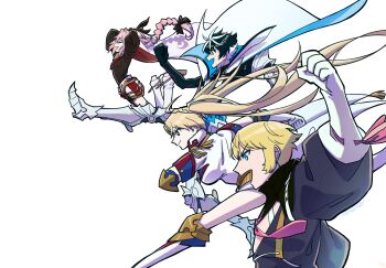 1girl 3boys armor armored_boots astolfo_(fate) bare_chest black_bow black_hair blonde_hair blue_eyes boots bow bradamante_(fate) braid charlemagne_(fate) charlemagne_(first_ascension)_(fate) cloak coat commentary_request crown_braid dashing dynamic_pose elbow_gloves elbow_pads fang fate/grand_order fate_(series) from_side gloves hair_intakes highres jumping long_braid long_hair multicolored_hair multiple_boys necktie open_mouth pink_hair pink_necktie pink_ribbon ribbon roland_(fate) running short_hair single_braid skin_fang smile streaked_hair taraba_(mgo10000) thigh_boots twintails very_long_hair white_background white_cloak white_coat white_footwear white_gloves white_hair wide_sleeves