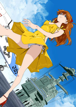 1girl aircraft_carrier bare_shoulders bikini bikini_bottom_only bikini_under_clothes breasts cameltoe clothes_lift covered_erect_nipples dress dress_lift from_below hair_ornament hairclip interface_headset_(evangelion) legs long_hair military_vehicle neon_genesis_evangelion nipples orange_hair ship side-tie_bikini_bottom sleeveless sleeveless_dress souryuu_asuka_langley sundress swimsuit upskirt walking warship watercraft white_bikini wind wind_lift yellow_dress yuutaku
