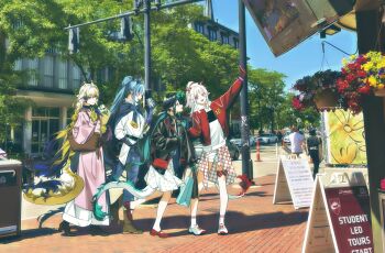 4girls absurdres alternate_costume alternate_hairstyle arknights bag black_hair black_jacket blonde_hair blue_hair blue_pants blue_skin boots bouquet can casual cellphone closed_eyes closed_mouth clothes_around_neck colored_skin denim dragon_girl dragon_horns dragon_tail dress dusk_(arknights) fan_mu_zhang flower full_body green_hair green_skin highres holding holding_bag holding_can holding_phone horns jacket ling_(arknights) long_hair long_skirt long_sleeves looking_at_another multicolored_hair multiple_girls nian_(arknights) open_clothes open_jacket open_mouth outdoors pants phone pointy_ears ponytail realistic red_jacket red_skin shirt shoes shopping_bag shorts shoulder_bag shu_(arknights) siblings sisters skirt smartphone smile socks standing tail v walking white_dress white_hair white_shirt white_shorts white_socks yellow_skin