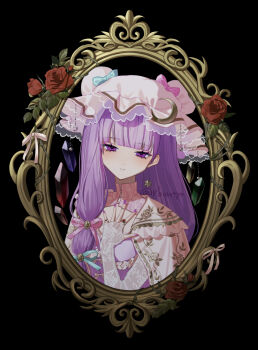 1girl black_background blunt_bangs capelet carbonara_hontyotyo closed_mouth commentary commentary_request crescent crescent_hat_ornament crystal dress flower hair_ribbon hat hat_ornament jewelry long_hair long_sleeves looking_at_viewer mob_cap patchouli_knowledge picture_frame pink_capelet pink_dress pink_hat pink_ribbon plant purple_eyes purple_hair purple_nails red_flower red_rose ribbon ring rose solo symbol-only_commentary thorns touhou upper_body vines