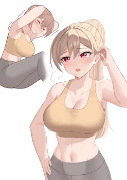 1girl absurdres blush breasts breath brown_hair cleavage collarbone commentary_request exercising furen_e_lustario grey_leggings hair_between_eyes hand_on_own_hip high_ponytail highres kurusu_beni large_breasts leggings long_hair midriff multiple_views navel nijisanji open_mouth partial_commentary ponytail puff_of_air red_eyes simple_background sit-up sitting sports_bra standing sweat virtual_youtuber white_background yellow_sports_bra