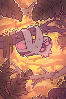 branch claws closed_eyes closed_mouth commentary english_commentary fluffy gen_3_pokemon highres holding holding_branch leaf nintendo no_humans official_art_redraw orange_light petite_echorizon pokemon pokemon_(creature) slakoth sloth_(animal) smile tree