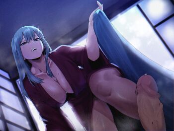 1girl blanket blue_hair boku_no_hero_academia breasts clauschristmas collarbone commentary dutch_angle erection film_grain highres large_breasts on_one_knee open_mouth penis precum red_robe robe solo steaming_body sweat todoroki_rei veins veiny_penis