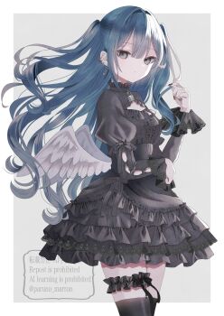 Rule 34 | 1girl, absurdres, arm cutout, black dress, black nails, black thighhighs, blue hair, border, breasts, clothing cutout, commentary request, dress, feathered wings, frilled dress, frills, frown, gothic lolita, grey background, grey eyes, highres, lolita fashion, long hair, long sleeves, looking at viewer, multiple piercings, nail polish, original, paruno, puffy sleeves, sidelocks, simple background, small breasts, solo, thigh strap, thighhighs, two side up, watermark, white border, white wings, wings
