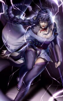 Rule 34 | 1girl, artist name, artlinxin, blunt bangs, blurry, braid, breasts, bridal gauntlets, cleavage, collarbone, commentary, depth of field, electricity, english commentary, engulfing lightning (genshin impact), genshin impact, glowing, glowing eyes, hair ornament, highres, holding, holding polearm, holding weapon, huge breasts, japanese clothes, kimono, leaning to the side, long braid, mole, mole under eye, neck ribbon, off shoulder, polearm, powering up, purple background, purple eyes, purple hair, purple kimono, purple thighhighs, raiden shogun, red lips, red ribbon, red sash, ribbon, sash, shade, shaded face, shadow, signature, single braid, solo, thighhighs, upper body, weapon, wide sleeves