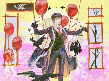 1boy animal_request artist_name balloon bird black_coat black_eyes black_gloves black_hair black_pants black_suit blade_lineage_(identity)_(project_moon) branch coat coat_lift collarbone floating formal_clothes gloves highres jacket lapels lifting_another's_clothes limbus_company male_focus mountain necktie notched_lapels outstretched_arms pants project_moon red_necktie shirt shoggoth_(sirens20211) short_hair string string_of_fate suit suit_jacket upper_body watermark white_shirt yi_sang_(project_moon)