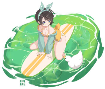 1girl absurdres aqua_hairband aqua_jacket bikini bird black_hair blue_eyes bow_hairband breasts cleavage closed_mouth commentary duck duck_tail english_commentary fake_tail full_body hairband hakimen halterneck highres hololive hood hooded_jacket jacket medium_breasts multicolored_jacket off_shoulder official_alternate_costume oozora_subaru oozora_subaru_(hololive_summer_2019) polka_dot_hairband short_hair sitting sitting_on_surfboard smile solo straddling striped_bikini striped_clothes surfboard swept_bangs swimsuit tail two-tone_jacket virtual_youtuber water yellow_bikini yellow_jacket