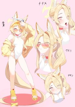 1girl absurdres animal_ear_fluff animal_ears blonde_hair blue_archive breasts clothing_cutout commentary commentary_request covered_navel cross_halo diamond_cutout english_commentary fox_ears fox_girl fox_tail full_body gun halo highleg highleg_one-piece_swimsuit highres hno3_3hcl jacket long_hair multiple_views official_alternate_costume official_alternate_hairstyle one-piece_swimsuit orange-tinted_eyewear orange_eyes pink_background seia_(blue_archive) seia_(swimsuit)_(blue_archive) shoes side_ponytail small_breasts sunglasses swimsuit tail tinted_eyewear tongue tongue_out translation_request upper_body visor_cap weapon white_one-piece_swimsuit yellow_halo yellow_jacket yellow_visor