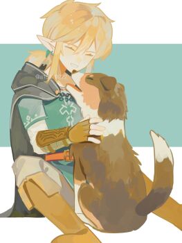1boy a15179222 aqua_background aqua_tunic armor belt black_cloak blonde_hair boots border brown_boots brown_gloves cloak closed_eyes dog earrings feet_out_of_frame fingerless_gloves gloves grey_pants hair_between_eyes hair_tie highres jewelry leather_armor link low_ponytail male_focus medium_hair nintendo pants parted_lips petting pointy_ears ponytail shirt sidelocks sitting smile teeth the_legend_of_zelda the_legend_of_zelda:_breath_of_the_wild tunic twitter_username vambraces white_border white_shirt