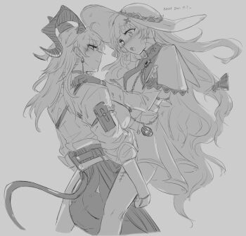 2girls aoi_(aoisaka) blush carrying carrying_person collared_shirt commentary demon_tail dress earrings english_text gloves greyscale hand_on_another&#039;s_shoulder hat highres horns jewelry long_hair monochrome multiple_girls open_mouth pants phoebe_(wuthering_waves) shirt smile tacet_mark_(wuthering_waves) tail wuthering_waves yuri zani_(wuthering_waves)