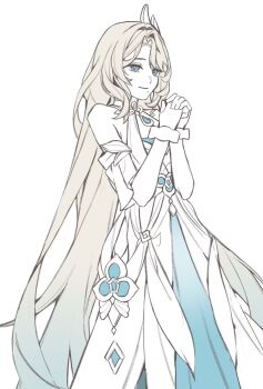 1girl aria_(genshin_impact) bare_shoulders blonde_hair blue_eyes closed_mouth dress genshin_impact gradient_hair highres long_hair mole mole_under_mouth multicolored_hair naengbi1008 smile