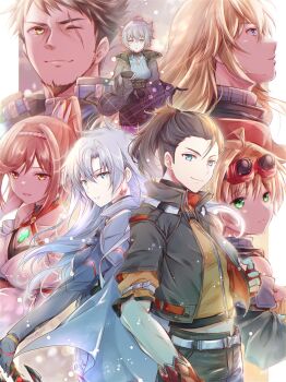3girls 4boys a_(xenoblade) ahoge animal_ears bare_shoulders blue_eyes breasts cat_ears cat_girl chest_jewel cleavage core_crystal_(xenoblade) criss-cross_halter crystal earrings expressionless glimmer_(xenoblade) great-grandaunt_and_great_grandnephew hair_slicked_back halterneck high_ponytail highres japanese_clothes jewelry kimono large_breasts long_hair matthew_(xenoblade) messy_hair multiple_boys multiple_girls na&#039;el_(xenoblade) nikol_(xenoblade) ponytail red_hair rex_(xenoblade) scar scar_across_eye scar_on_face short_hair shulk_(xenoblade) single_earring smile spiked_hair swept_bangs ui_frara white_kimono xenoblade_chronicles_(series) xenoblade_chronicles_3 xenoblade_chronicles_3:_future_redeemed yellow_eyes