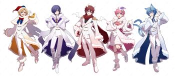 5boys :d :| ;3 absurdres ahoge animal_ears ankle_boots aoto_(doll's_requiem) arm_at_side bandaged_arm bandages beckoning bell_sleeves black_shirt blonde_hair blue_coat blue_eyes blue_hair blue_hat blue_ribbon boots bow bowtie braid buttons capelet cat_boy cat_ears cat_tail center-flap_bangs center_frills chess_piece_earrings closed_mouth coat cross cross_earrings curtained_hair demon_boy demon_horns demon_tail demon_wings detached_wings doll's_requiem double-breasted earrings epaulettes facial_mark fang frilled_sleeves frills fringe_trim full_body fumaru_(doll's_requiem) fur-trimmed_boots fur-trimmed_capelet fur-trimmed_coat fur-trimmed_headwear fur-trimmed_sleeves fur_trim gloves gradient_coat grin hair_ornament hair_over_one_eye half_gloves hand_on_own_chest hand_on_own_chin hand_on_own_hip hands_up hat heterochromia highres horns ito_(doll's_requiem) jester_cap jewelry kitsunebi_v3kokonn knee_boots lace-up_boots lapels legwear_garter light_blush lineup long_sleeves looking_at_viewer male_focus mini_wings misora_(doll's_requiem) multiple_boys multiple_tails neck_ribbon nekomata notched_lapels off_shoulder official_art one_eye_closed one_eye_covered open_clothes open_coat open_mouth own_hands_together pants parted_bangs pink_capelet pink_coat pink_hair pointy_ears pom_pom_(clothes) purple_coat purple_eyes purple_hair purple_hat red_bow red_bowtie red_coat red_eyes red_hair red_hat red_scarf ribbon santa_hat scarf shirt shoes short_hair shorts side_braid simple_background single_earring smile socks standing standing_on_one_leg star_(symbol) star_hair_ornament steepled_fingers swept_bangs tail talisman teardrop_facial_mark teeth two-sided_coat two-sided_fabric two-tone_capelet two-tone_hat two_tails uni_(doll's_requiem) upper_teeth_only v-shaped_eyebrows vest wallet_chain waving white_background white_boots white_capelet white_coat white_gloves white_horns white_pants white_scarf white_shirt white_shoes white_shorts white_socks white_vest white_wings wings yellow_coat yellow_eyes yellow_ribbon