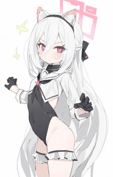 1girl animal_ears black_gloves blue_archive covered_navel gloves halo highres kei_(blue_archive) kei_(new_body)_(blue_archive) leotard long_hair measho nontraditional_playboy_bunny pink_halo rectangular_halo simple_background solo white_background white_hair