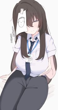 1girl absurdres black_pants blue_archive blue_necktie breast_pocket breasts brown_hair closed_eyes closed_mouth collared_shirt commentary_request doodle_sensei_(blue_archive) facing_viewer female_sensei_(blue_archive) highres lanyard large_breasts long_hair necktie nui_(nuinui0300) pants paper_on_head pocket sensei_(blue_archive) shirt short_sleeves simple_background sitting solo translation_request variant_set very_long_hair white_background white_shirt